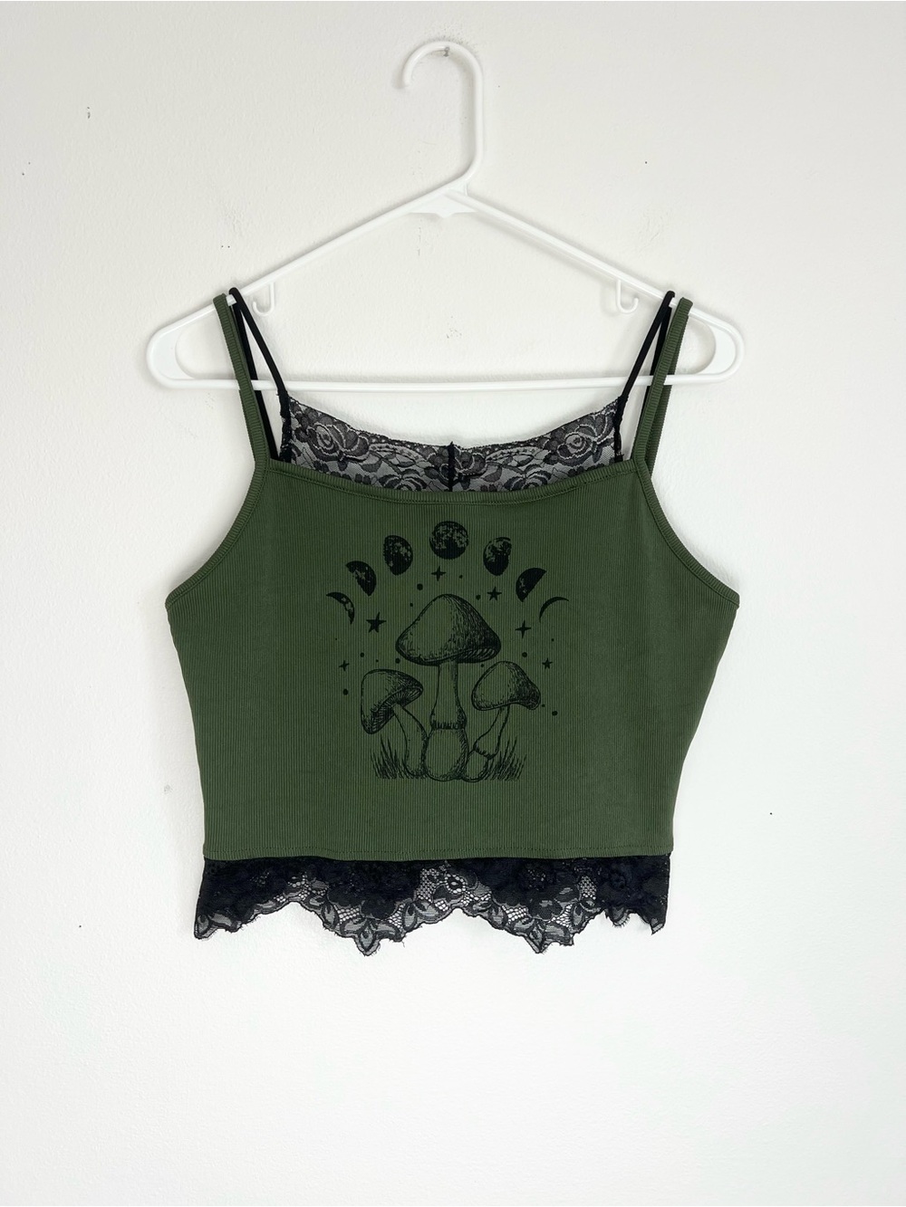 Romwe Celestial Mushroom Print Lace Trim Tank Top Fairycore Witchy Moon Womens L